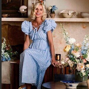 Antonio Melani Jennifer Sumko Catherine Gingham Puff Sleeve Blue Dress Midi